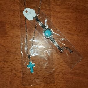 Teal Blue Necklace & Bracelet Cross Set
